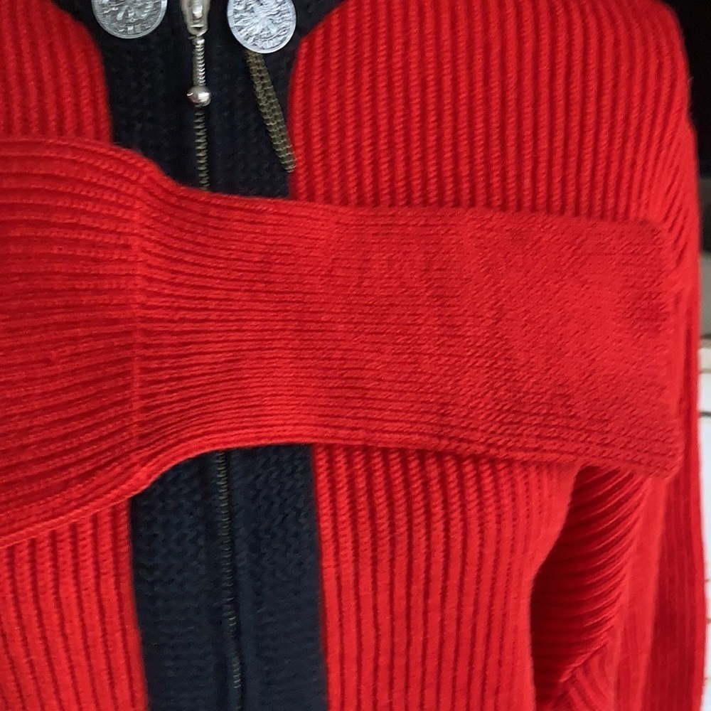 Vintage Obermeyer red zip cardigan sweater w black trim 100% wool grandma core - Picture 8 of 16